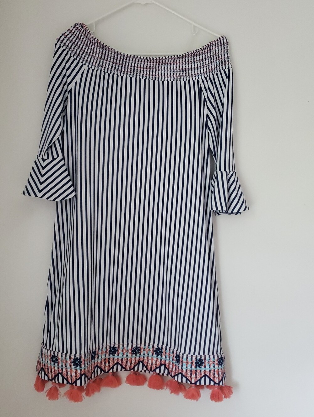 Cabana Life Off Shoulder Striped Dress Size M Coral Tassels Embroidered Nautical